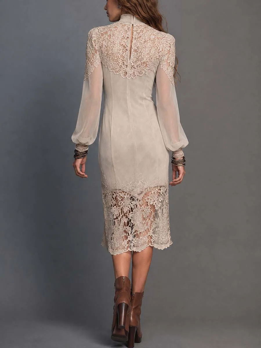Boho Cream Lace Applique High Neck Sheer Long Sleeve Midi Dress