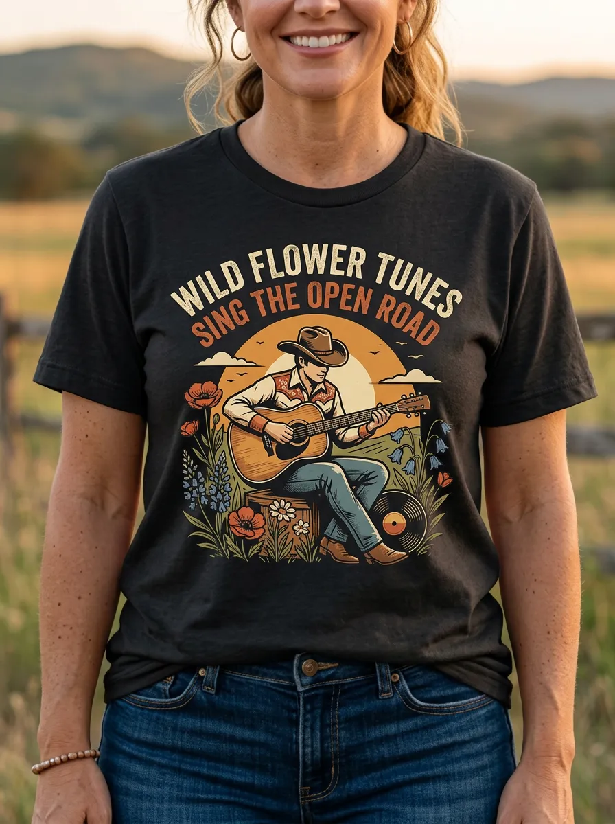 Guitar Cowboy Country Music Crewneck T-Shirt