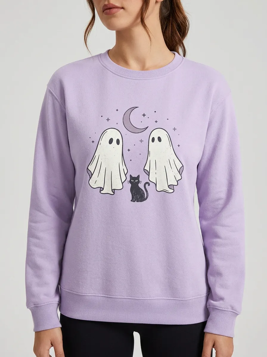Women's Halloween Ghost Black Cat Moon Printed Sweatshirt