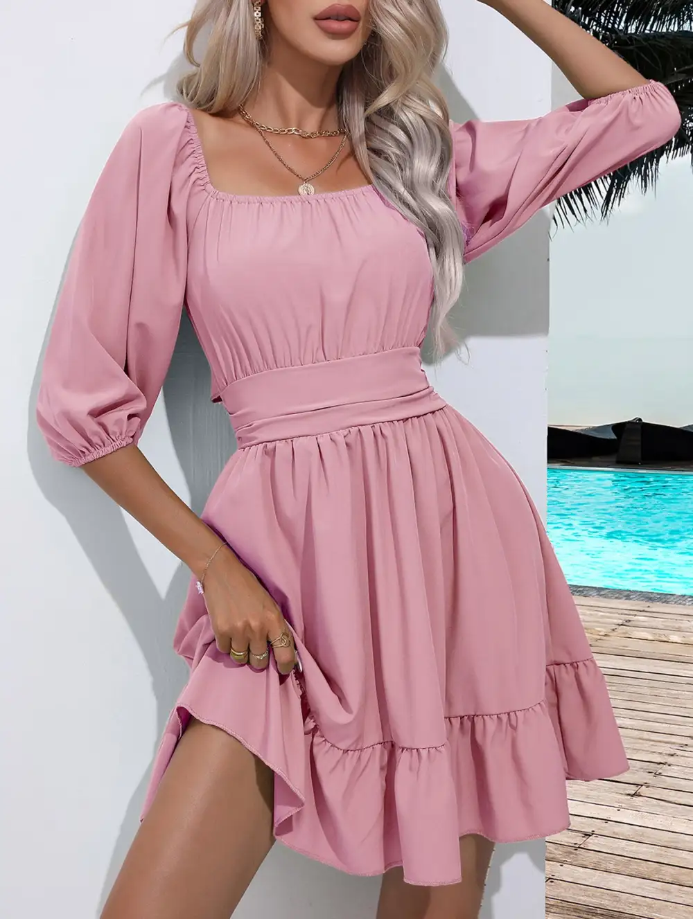 Square Neckline Ruffled Tie Up Mini Dress