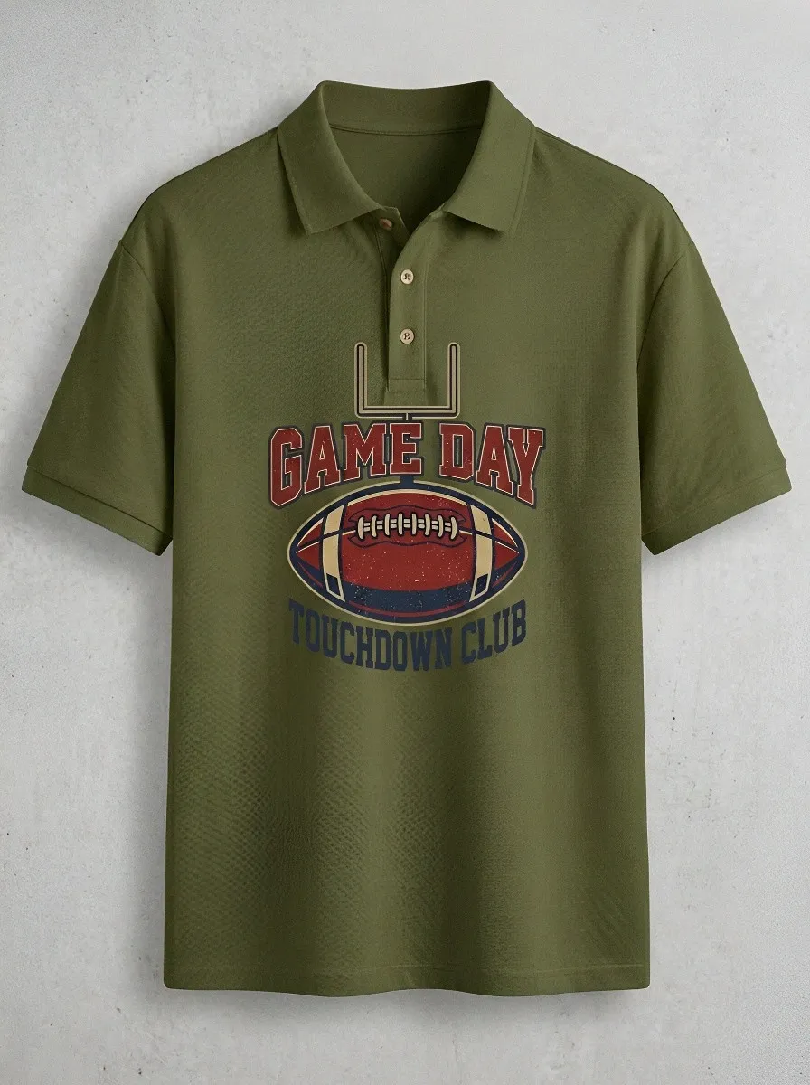 Men's Relaxed American Football Game Day Touchdown Printed Polo Shirt