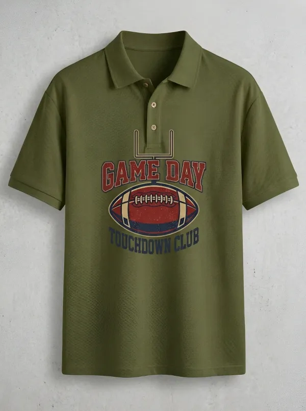 Men's Relaxed American Football Game Day Touchdown Printed Polo Shirt
