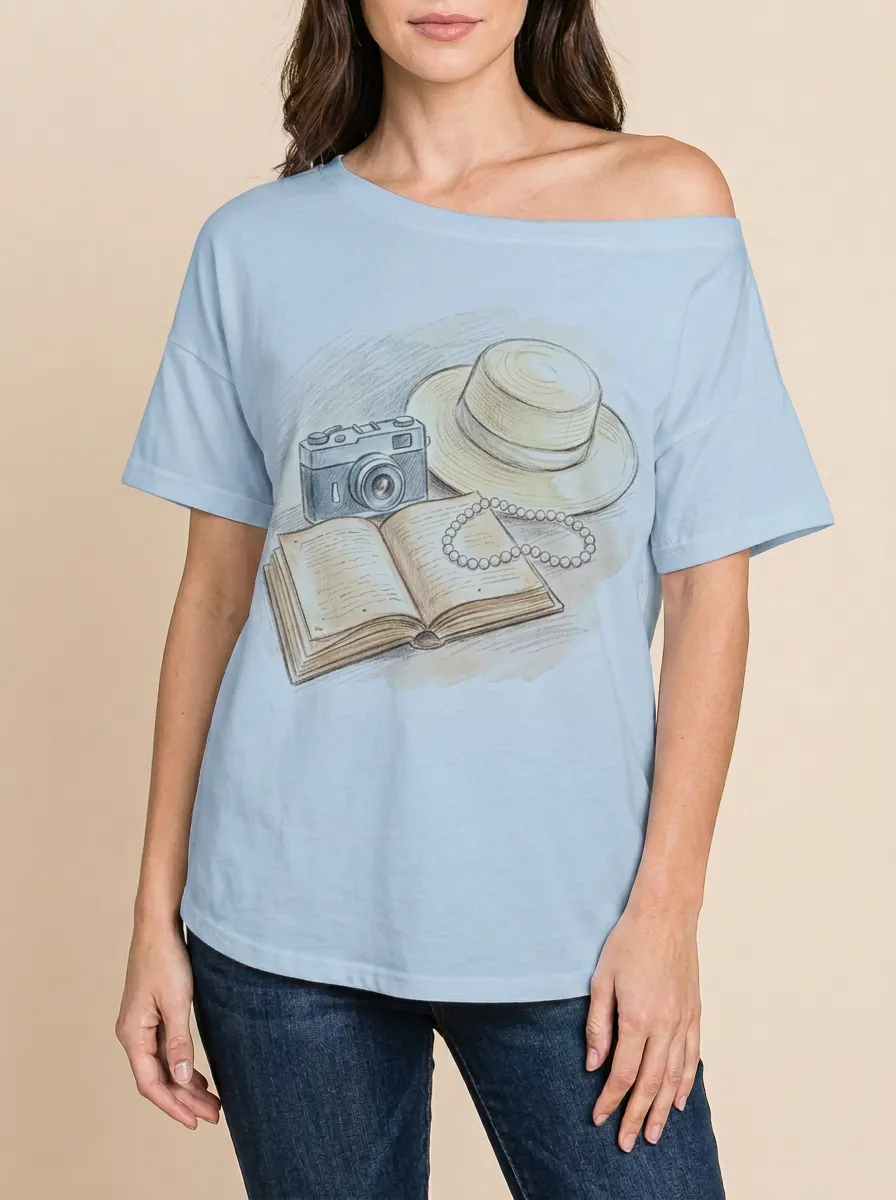 Women's Travel Hobby Camera Book Hat Pearl Printed T-shirt