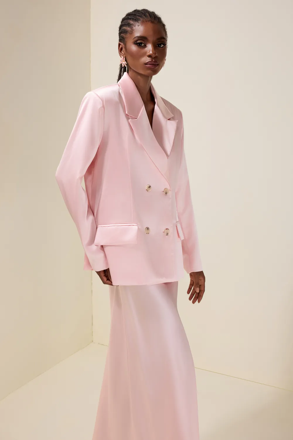 Solid Tailored Collar Blazer & High Waist Maxi Skirt Set