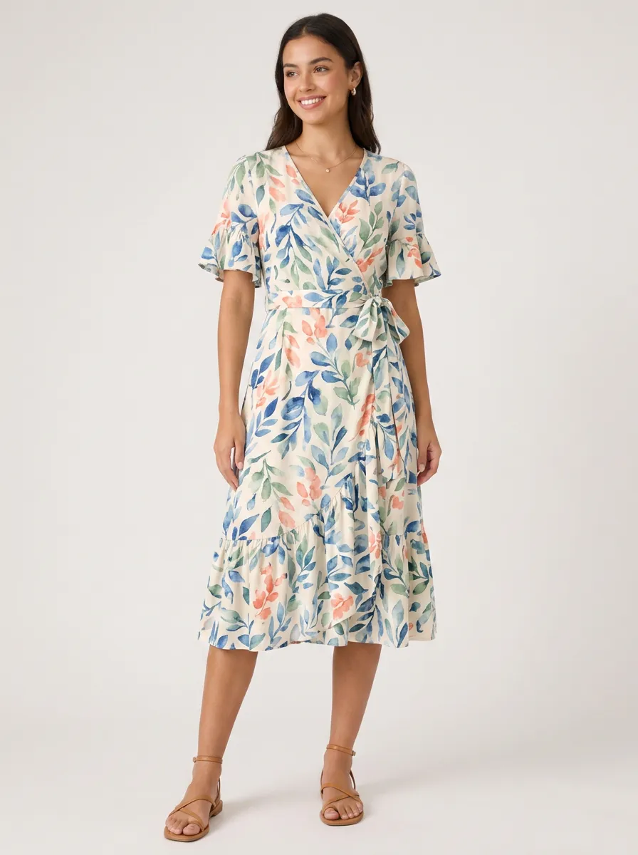 Women's Botanical Floral Watercolor Printed Wrap Dress