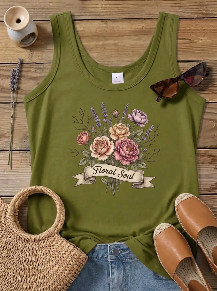 Floral Soul Bouquet Lavender Rose Ribbed Tank Top