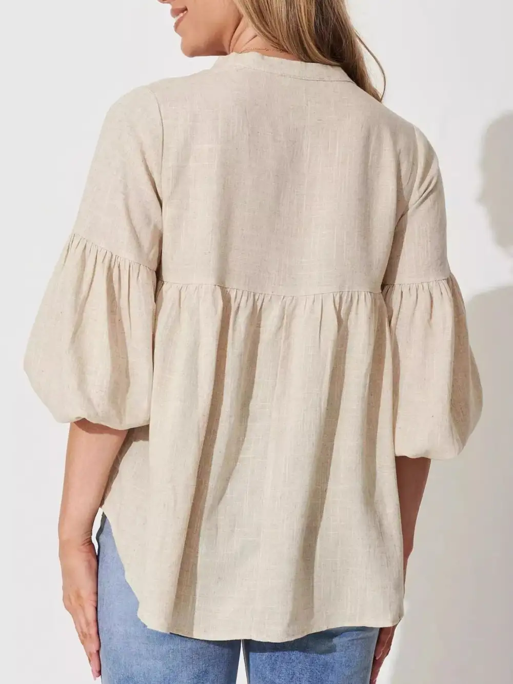 Notched Balloon Sleeve Blouse