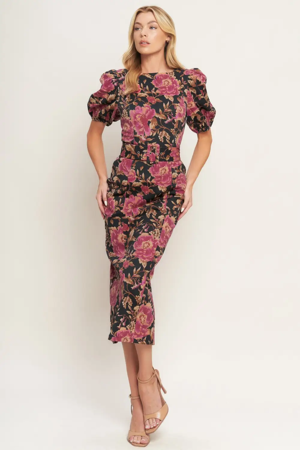 Puff-Sleeve Cotton Printed Midi Dress