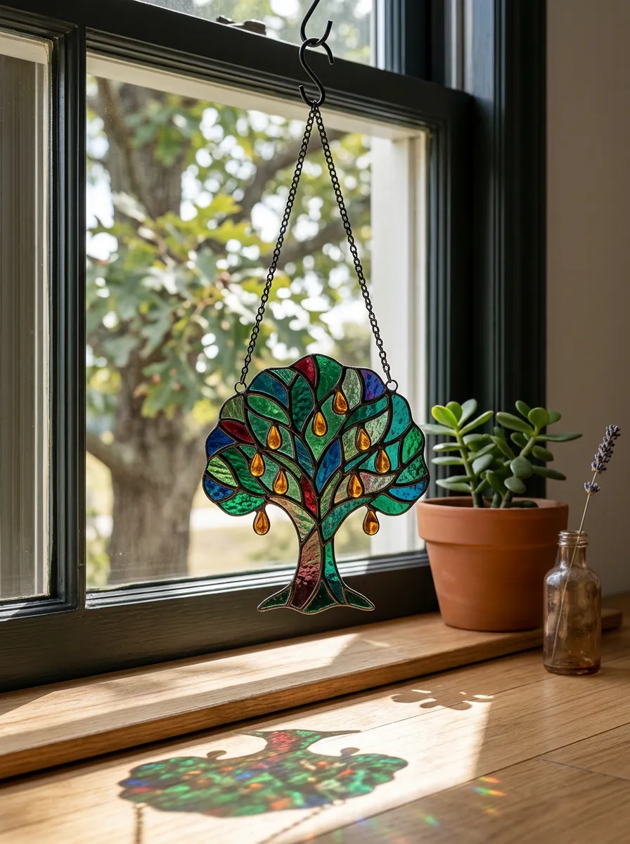 Printed Tree of Life Suncatcher with Stained Glass Design