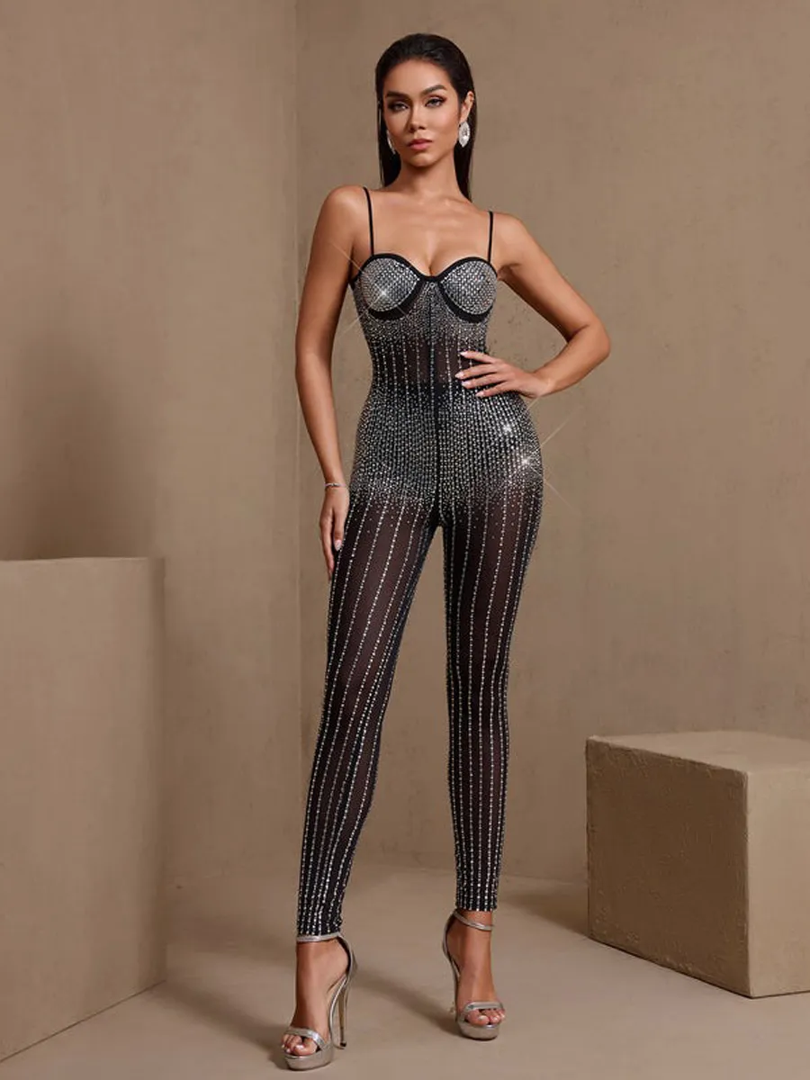 Liliana Sexy Corset Rhinestone Gauze Jumpsuit