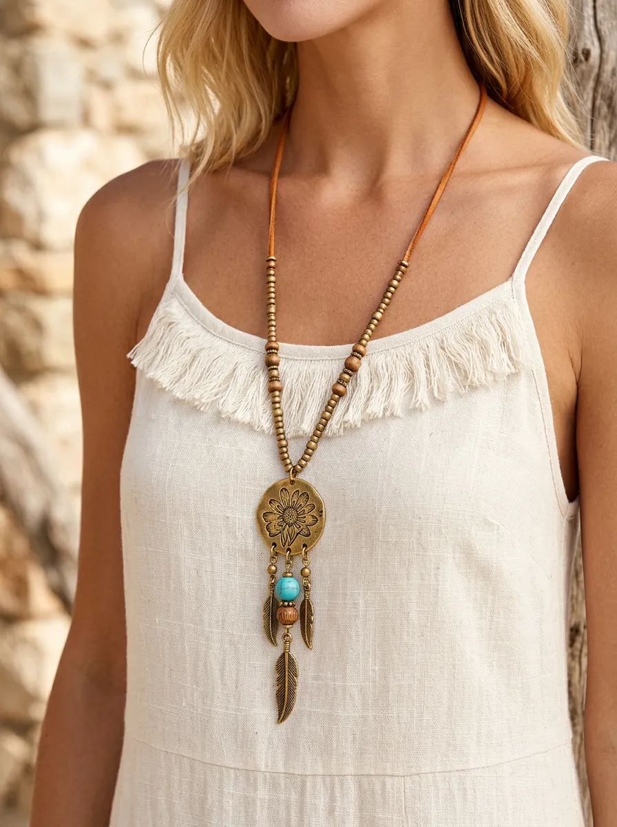 Floral Feather Western Pendant Necklace