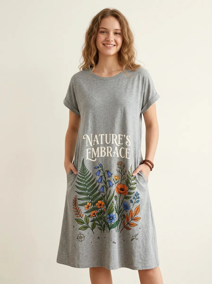 Women's Nature Lover Wildflower Fern Printed T-shirt Dress