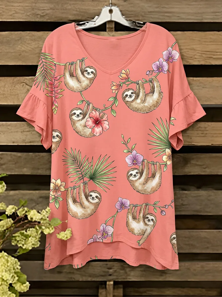 Floral Tropical Ruffle Women's Loose Printed Blouse