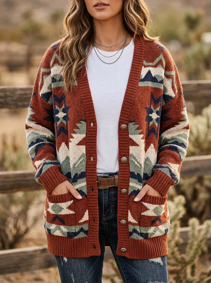 Women's Western B3 Aztec Geometric Pattern Printed Cardigan