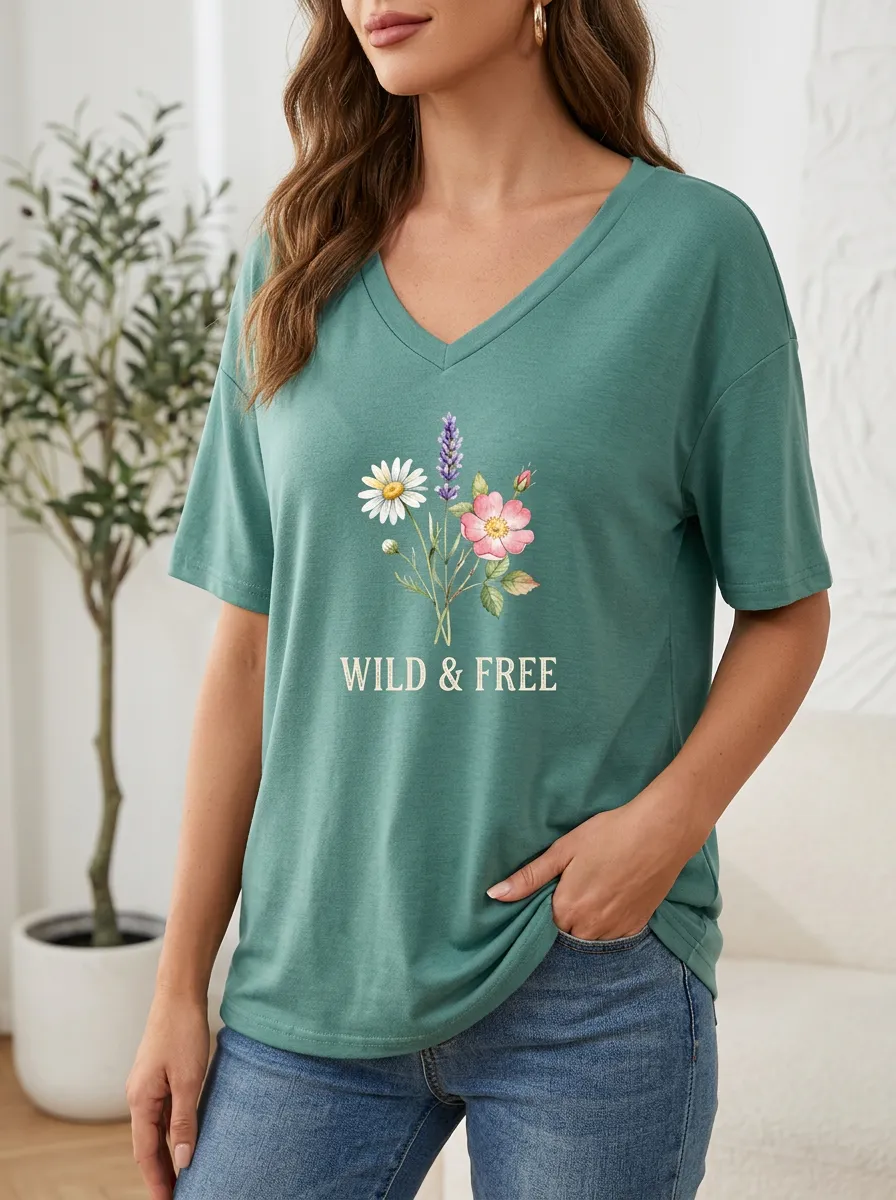 Women's Wild & Free Floral Bouquet Printed V-Neck T-shirt