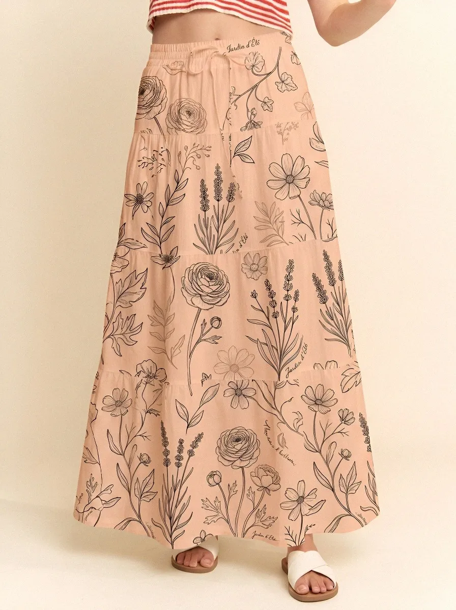 Women's Botanical Garden Floral Line Art Printed Maxi Skirt