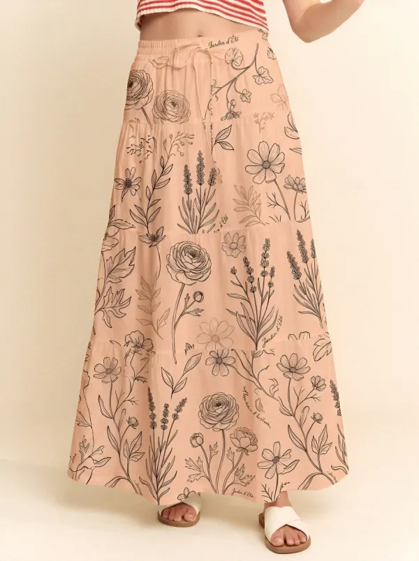 Women's Botanical Garden Floral Line Art Printed Maxi Skirt
