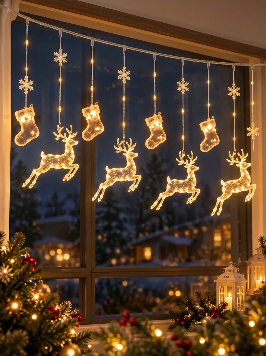 Reindeer Snowflake Stocking LED Window Curtain Lights Christmas LED Curtain Lights