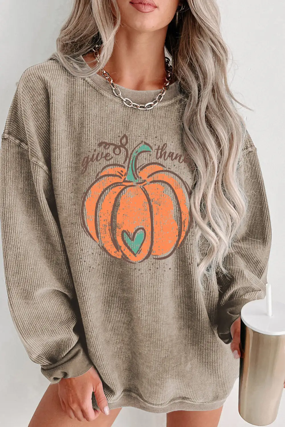 Give Thanks Pumpkin Graphic Corded Sweatshirt