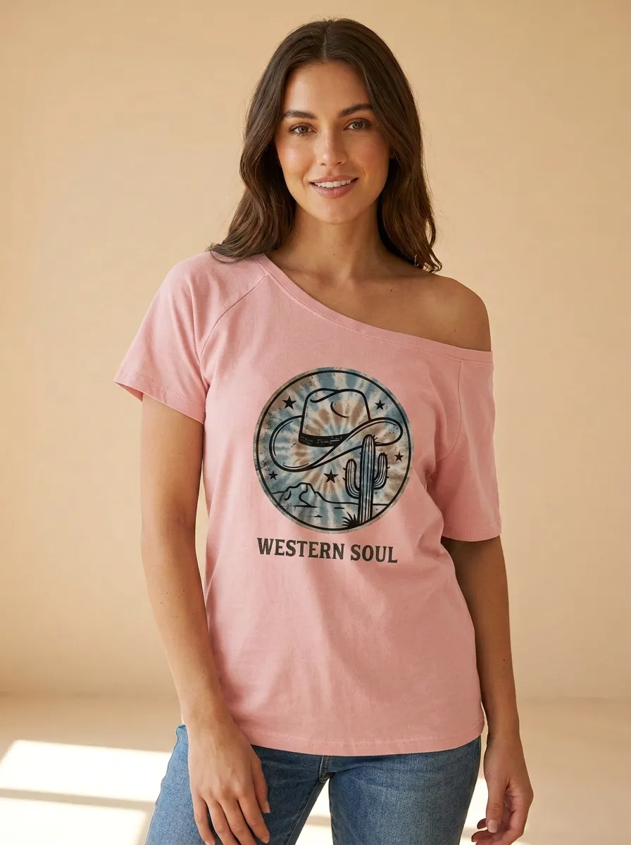 Women's Western Soul Cowboy Hat Cactus Printed Off-Shoulder T-shirt