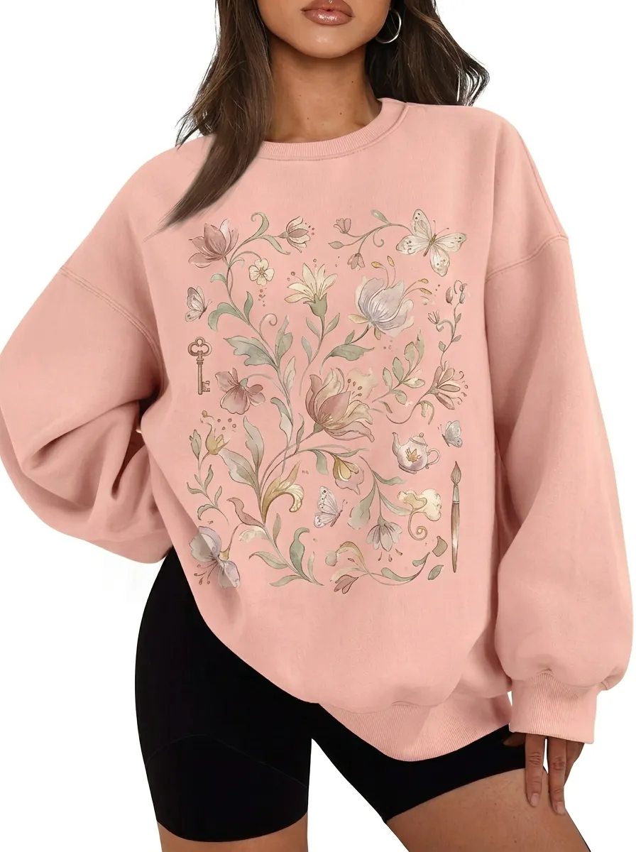 Women's Botanical Butterfly Key Teapot Printed Sweatshirt