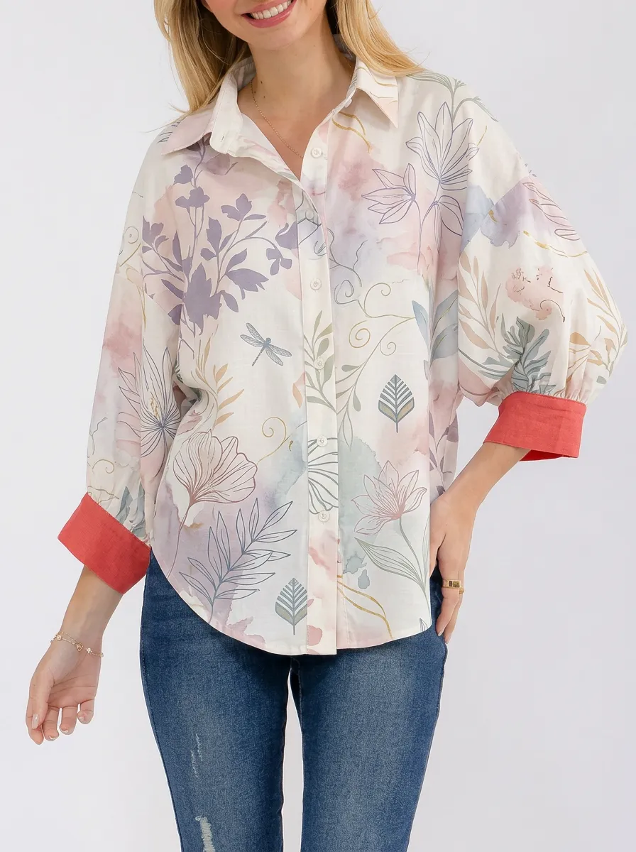 Women's Botanical Dragonfly Watercolor Printed Button-up Shirt