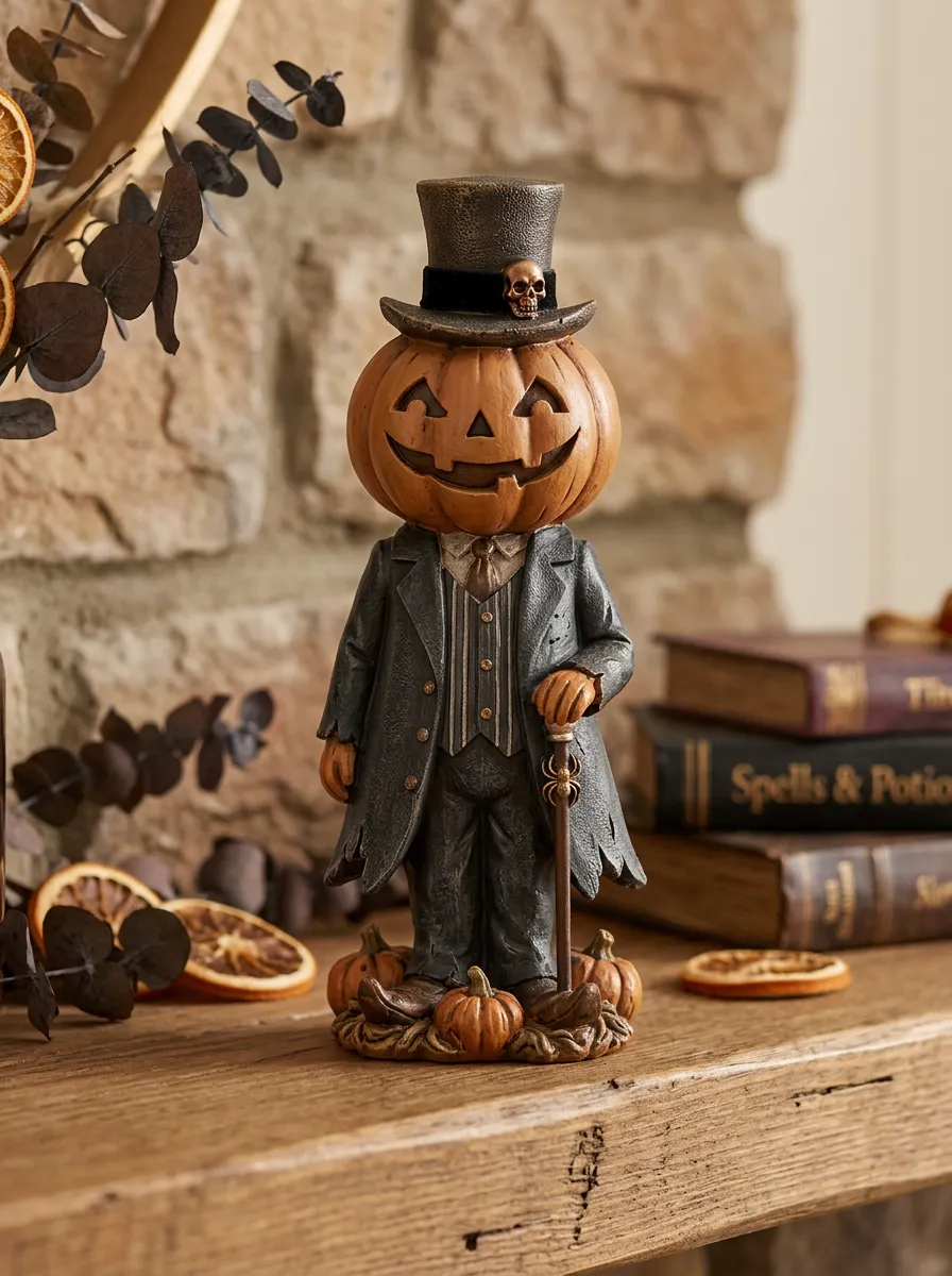 Halloween Pumpkin Head Gentleman Skull Top Hat Figurine