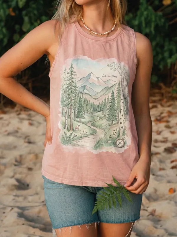 Women's Nature Lover Mountain Forest Deer Compass Printed Tank Top