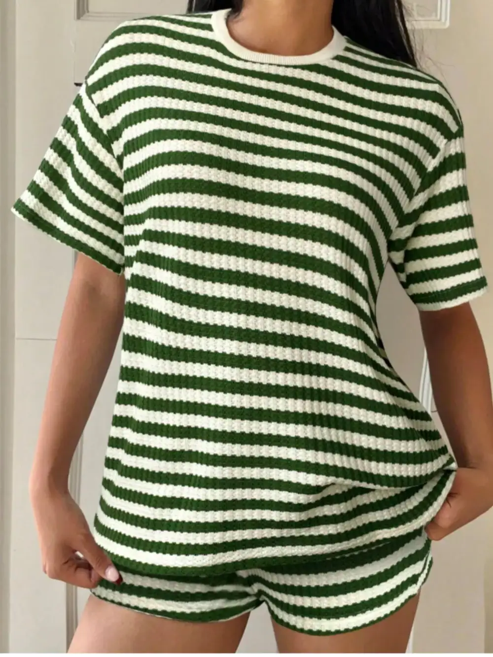 Relaxed Striped Round Neck Top Shorts Set