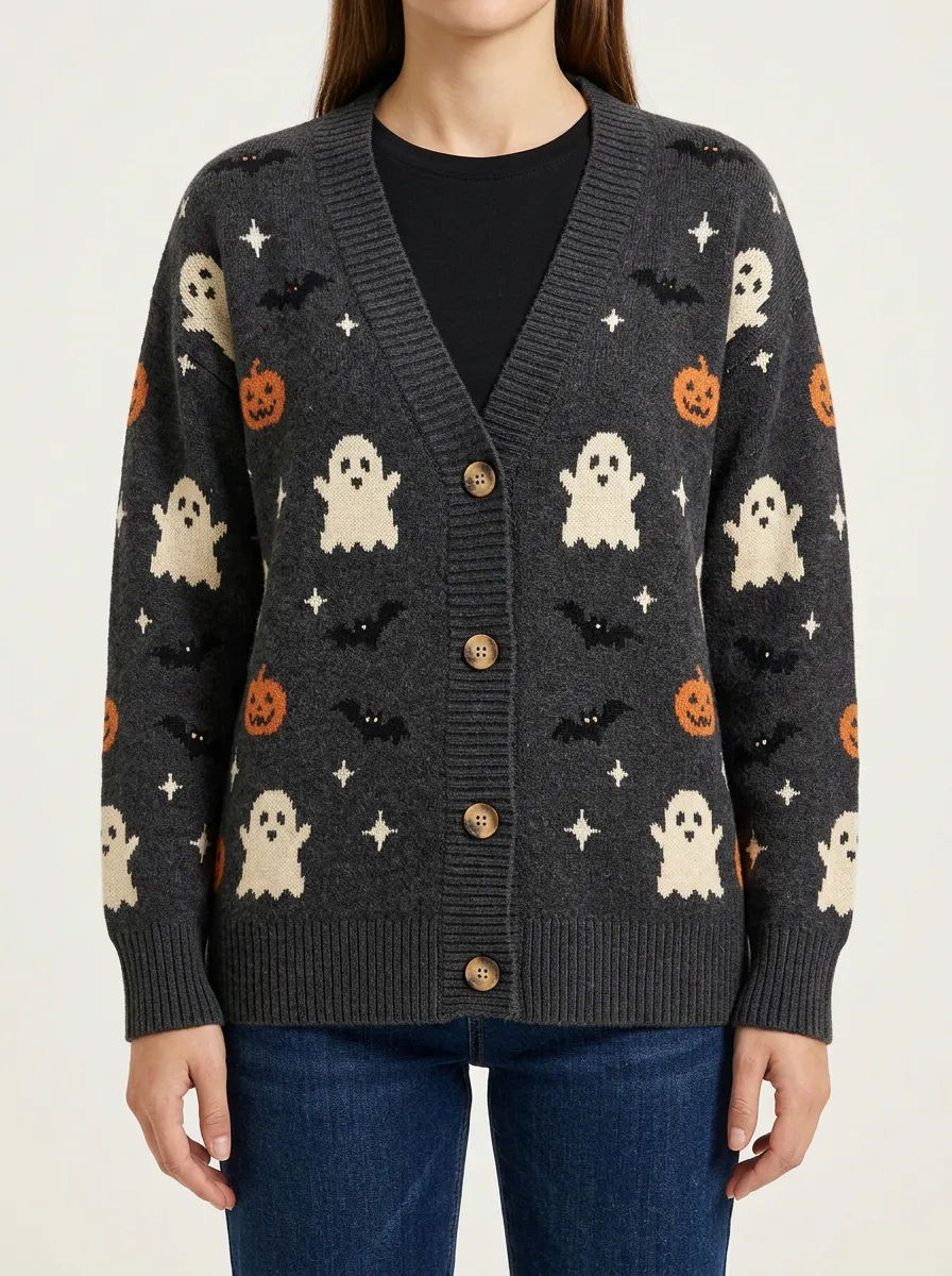 Women's Halloween Ghost Pumpkin Bat Pattern Knitted Cardigan