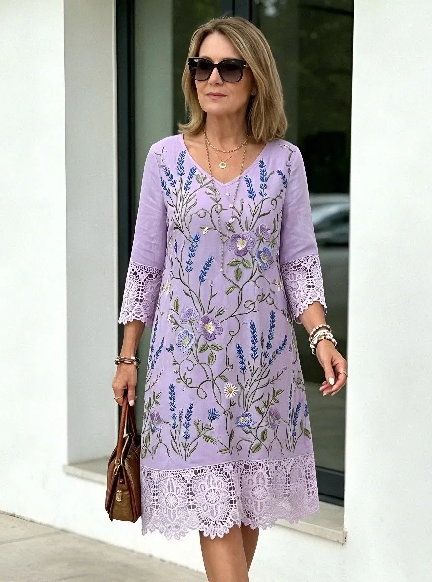 Women's Summer Vacation Lavender Floral Embroidered Lace Trimmed Dress