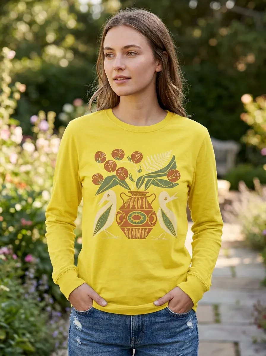 Women's Botanical Bird Vase Folk Art Printed Long Sleeve Top