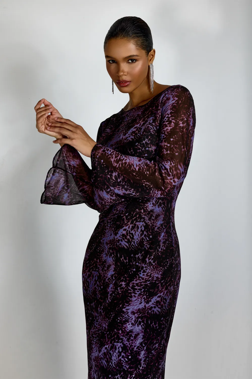 Phoebe Leopard Print Flare Cuffs Maxi Dress