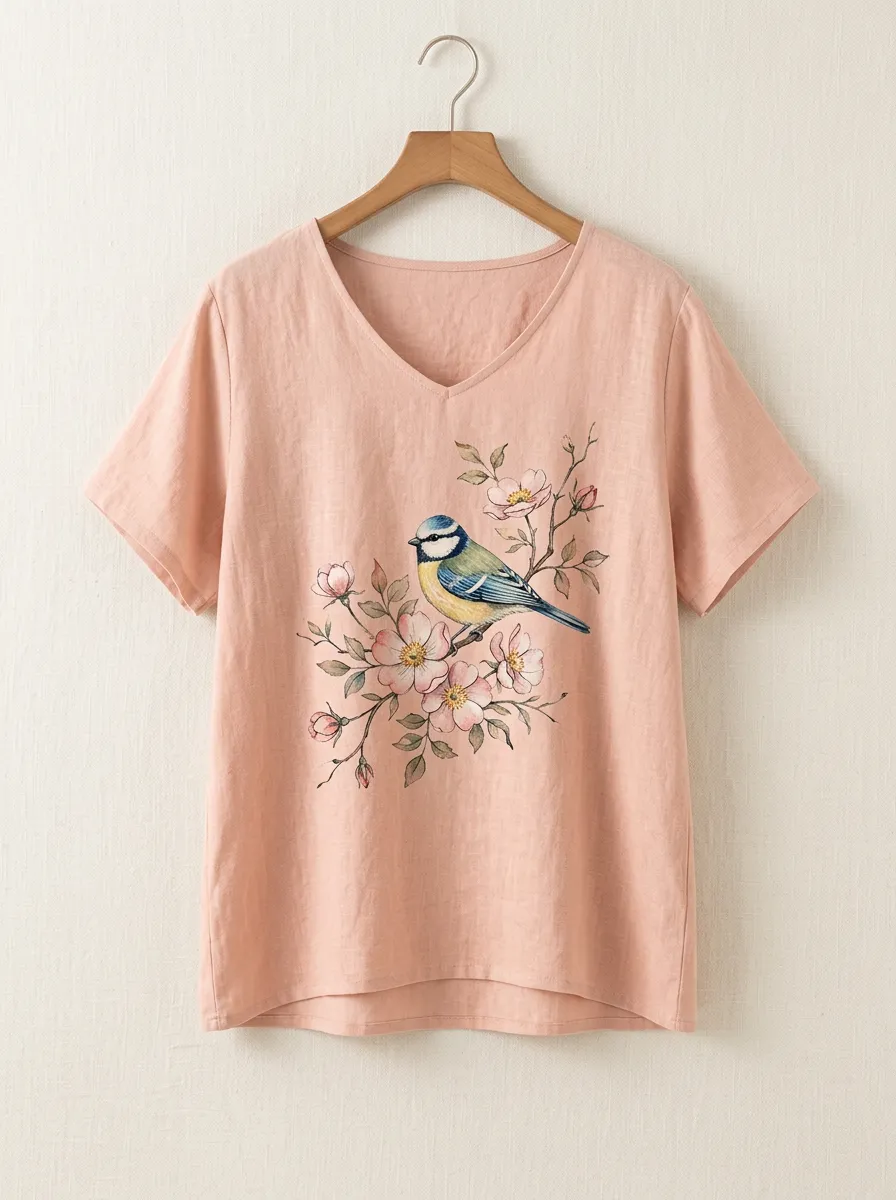 Bird Floral V-Neck Women's Loose Printed T-Shirt