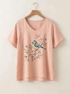 Bird Floral V-Neck Women's Loose Printed T-Shirt