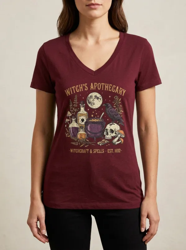 Women's Halloween Witchcraft Apothecary Raven Skull Printed V-neck T-shirt