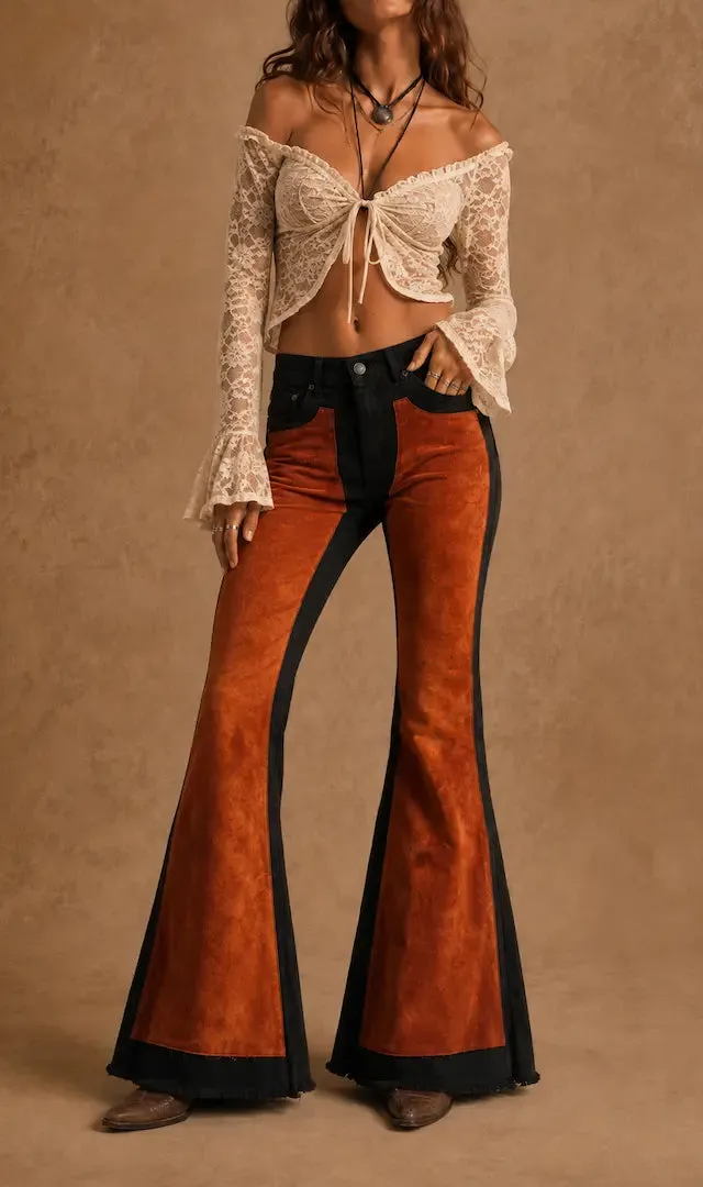 Velvet Bell Bottom Retro Style Raw Hem Denim Jeans