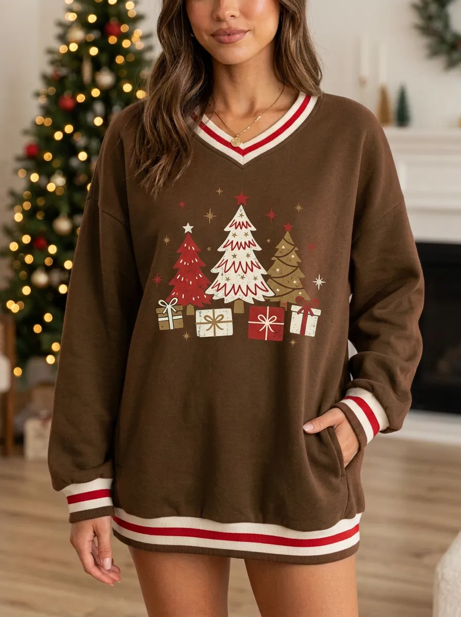 Christmas Holiday Tree & Gift Box Print V-Neck Sweatshirt