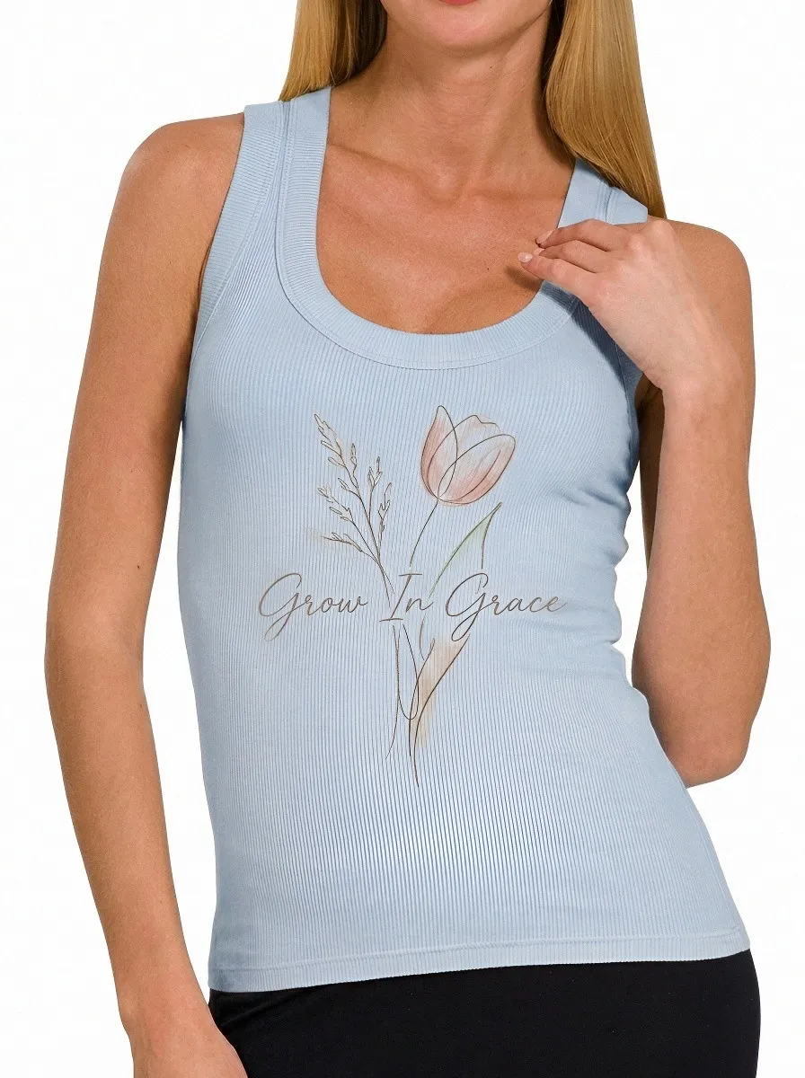 Women's Grow In Grace Floral Tulip Printed Ribbed Tank Top