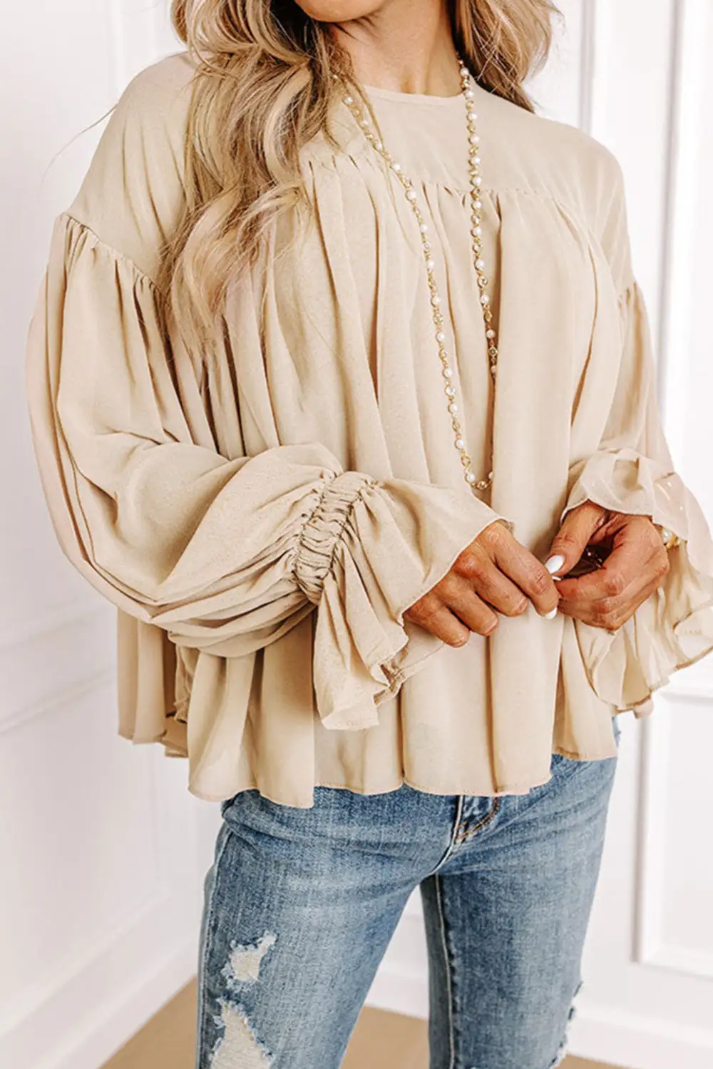Relaxed Ruffle Sleeve Long Sleeve Blouse