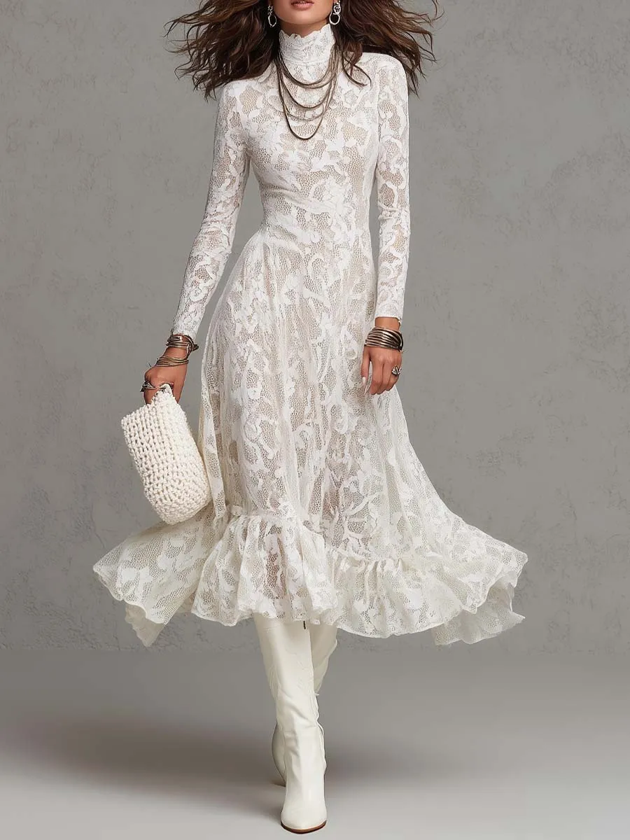 Elegant Sheer Floral Lace Turtleneck Long Sleeve Midi Dress