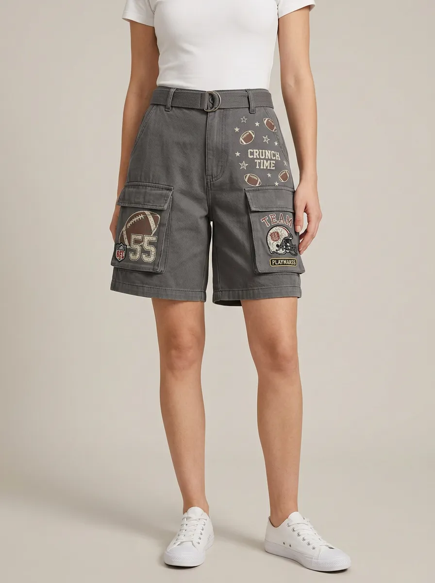 Women's Football Fan Crunch Time Helmet Printed Cargo Shorts