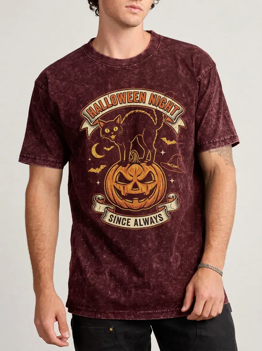 Men's Halloween Night Black Cat Pumpkin Printed T-shirt