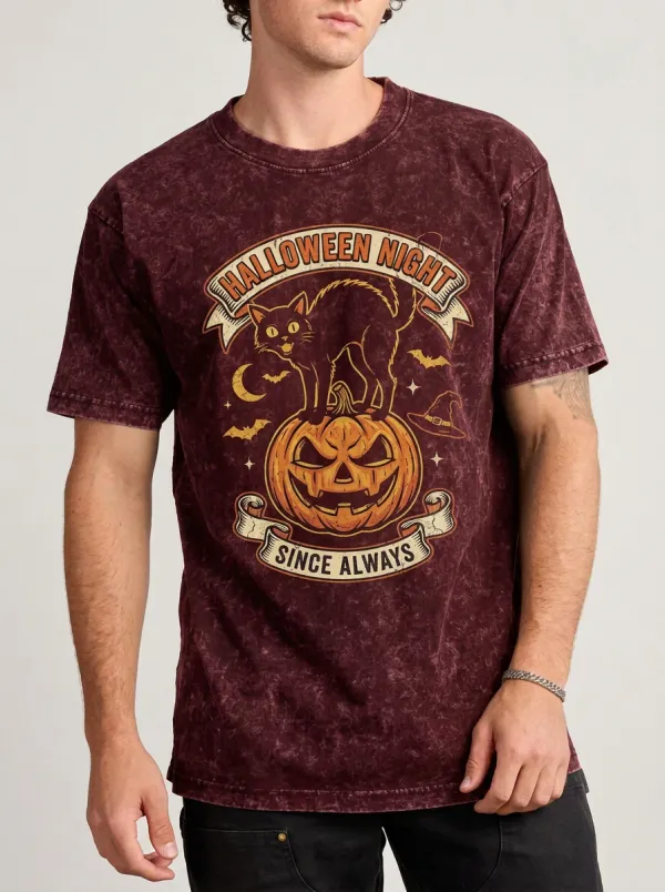 Men's Halloween Night Black Cat Pumpkin Printed T-shirt