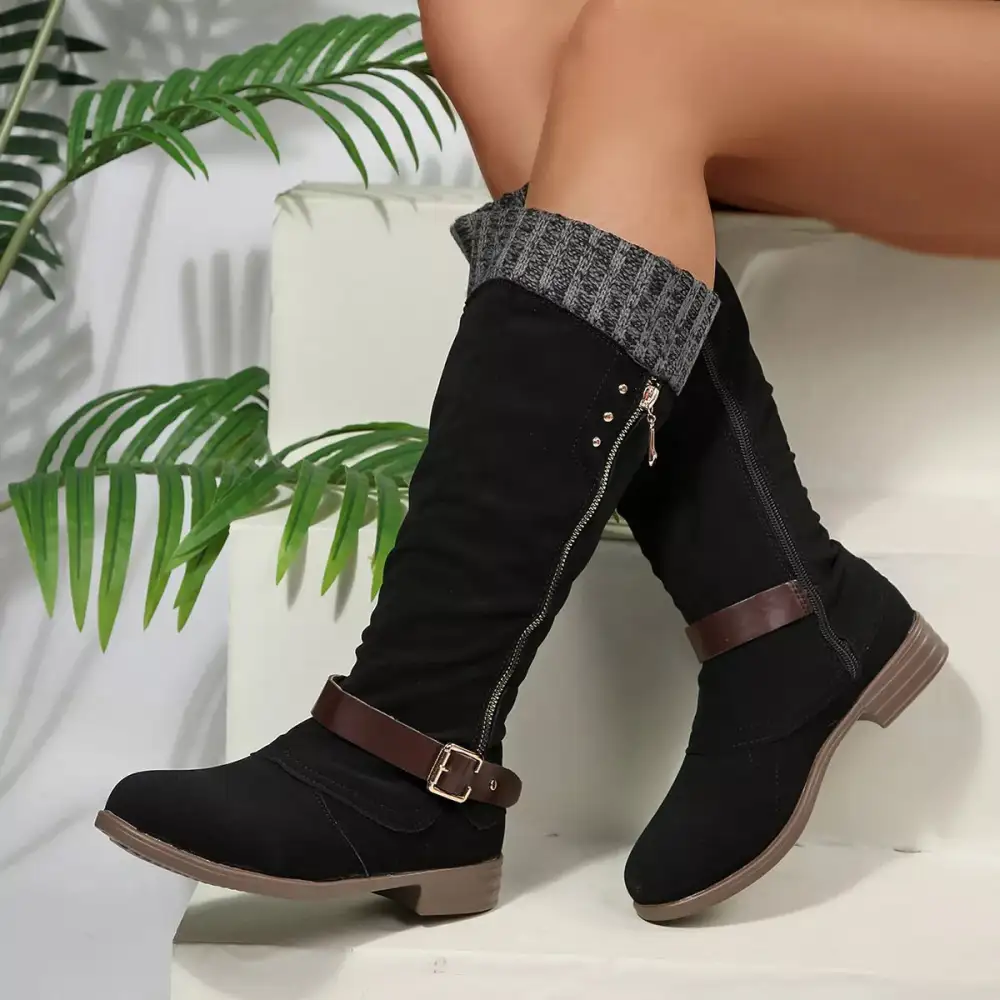 Ruffled Round Toe Block Heels Boots