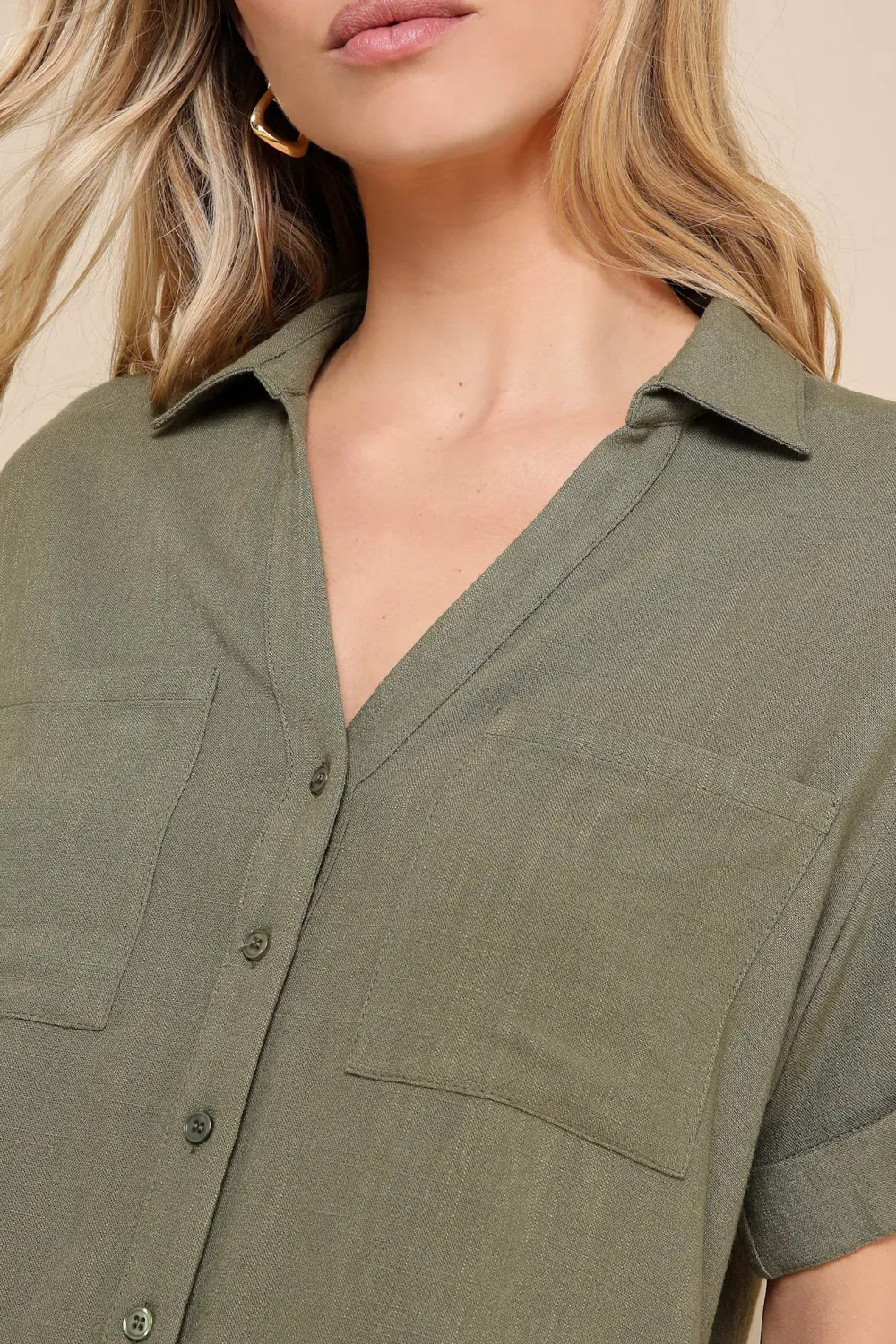 Short Sleeve Linen Collared Button-Up Top