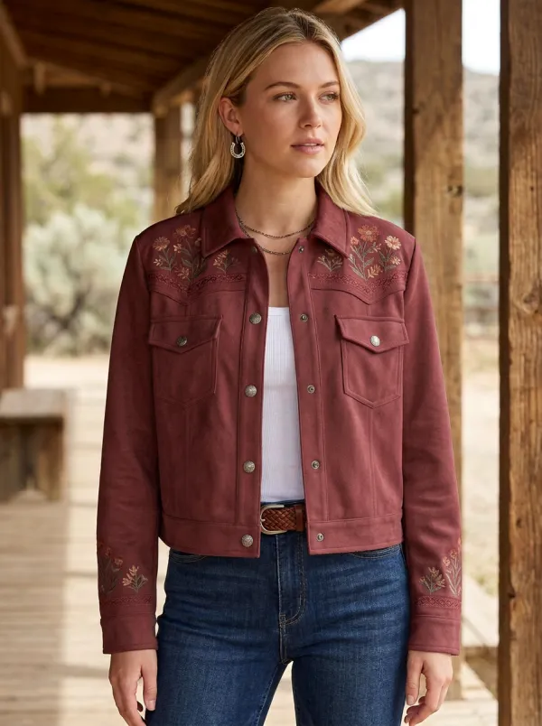 Women's Western Heritage Western Cowgirl Floral Embroidery Floral Embroidered Denim Jacket