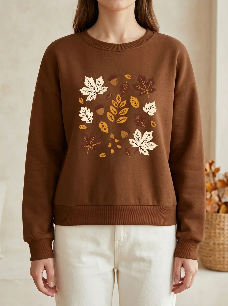 Relaxed Texture Maple-Leaf Printed Acorn Graphic Sweatshirt
