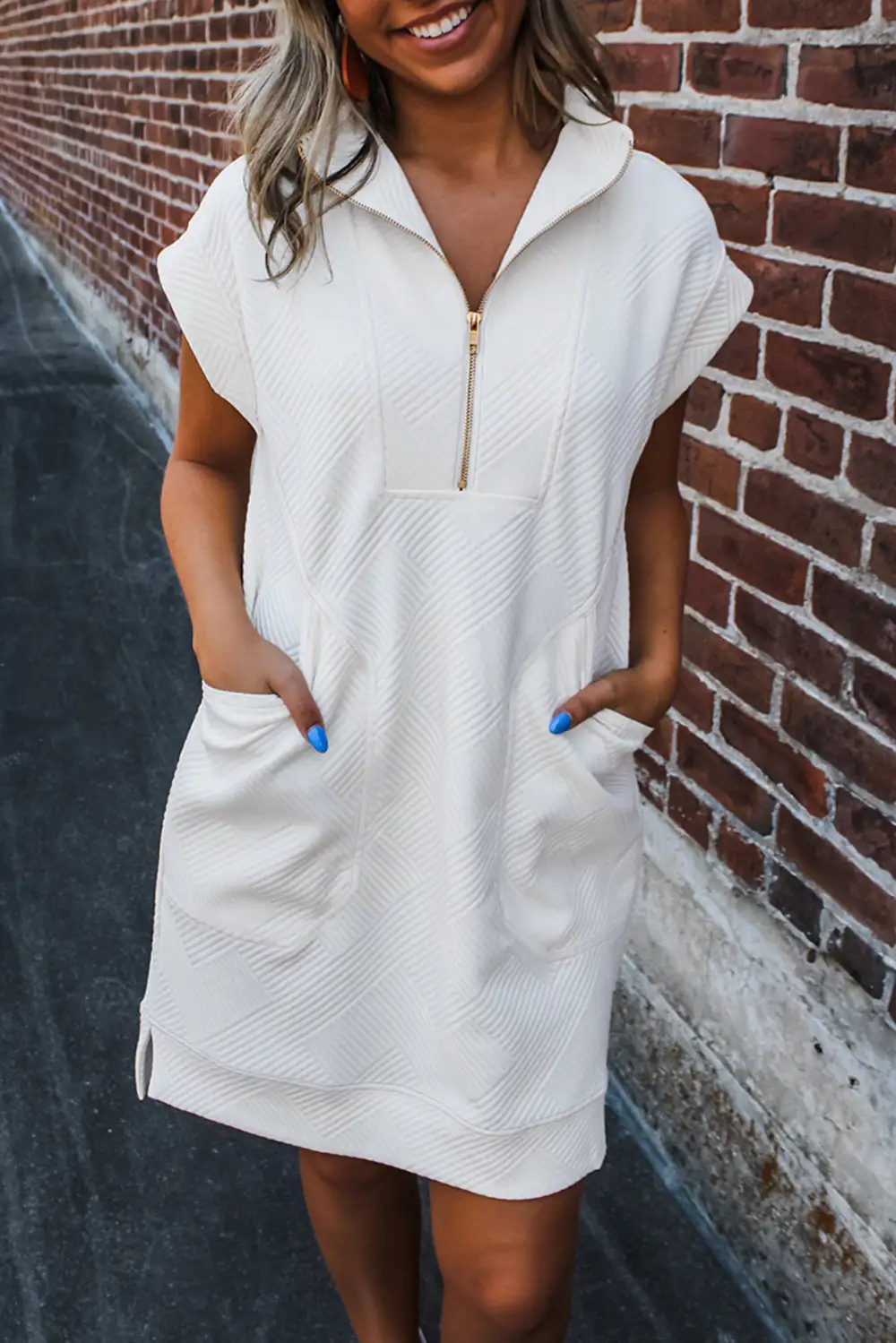Layer Friendly Textured Zip Front Collared Mini Dress