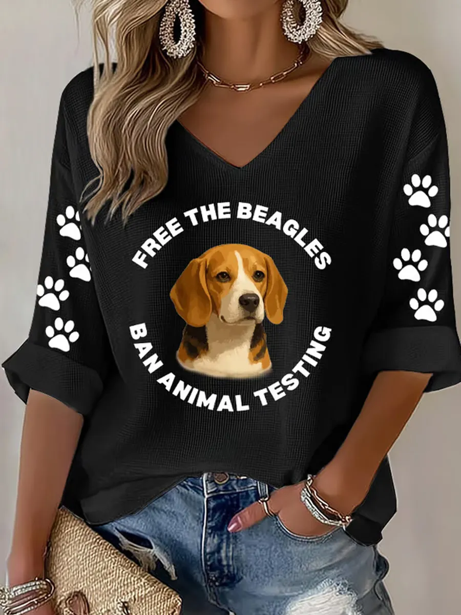 Women's Save The Beagles Print V Neck Top